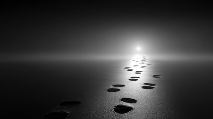 A serene monochrome image of footprints leading towards a bright light. The path symbolizes journey and hope