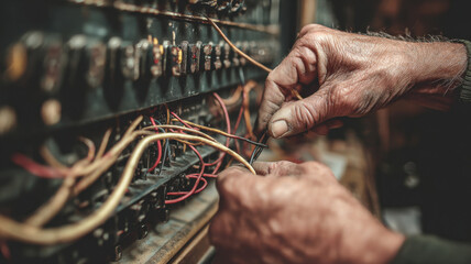 Electrician's hands working on electrical wires and panels. Focused and precise, an electrician skillfully repairs electrical systems, ensuring safety and functionality