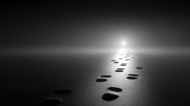 A serene monochrome image of footprints leading towards a bright light. The path symbolizes journey and hope