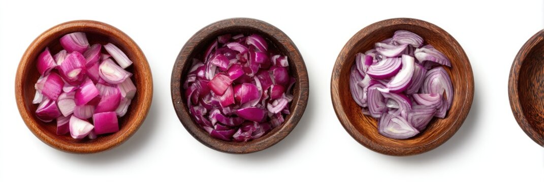 Small wooden bowls holding diced and sliced red onions against a white background