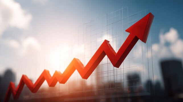 Red upward arrow against a cityscape with a graph overlay suggesting growth