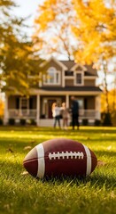 Football on grass with family and house autumn