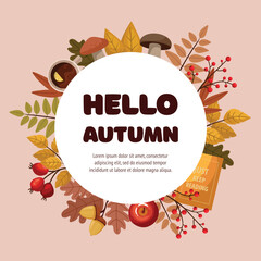 Phrase hello autumn in circle with different cozy autumn items in orange, yellow and red colors