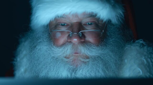 Santa Claus intensely checking his naughty or nice list on a digital device under the glow of the screen