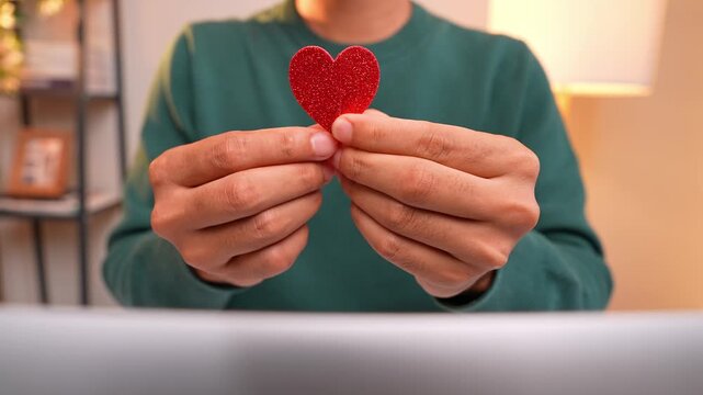 A person brings two halves of a broken heart together, symbolizing healing. The image also conveys reconciliation, hope, emotional recovery, forgiveness, and the journey to rebuild love or trust.
