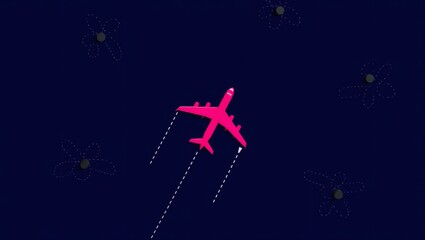 Pink Airplane Soaring Above Abstract Flowers on Dark Background