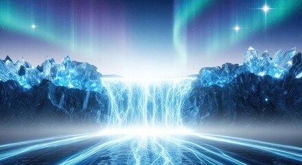 Luminous arctic cascade beneath celestial curtains of aurora borealis and starlight illumination