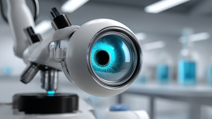 AI fueled startup innovation shows funding boom in advanced technology with futuristic microscope lens resembling human eye in modern laboratory setting