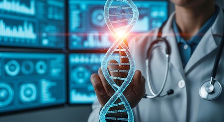 Doctor examining glowing dna helix on futuristic screens