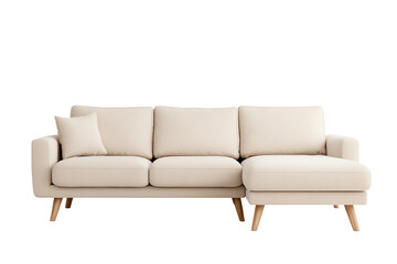 Fototapeta premium Modern beige sofa with wooden legs, perfect for stylish living spaces. Soft cushions add comfort and elegance.