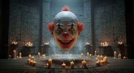 Eerie clown head levitating amidst candles in ancient temple hall, an unsettling visual spectacle