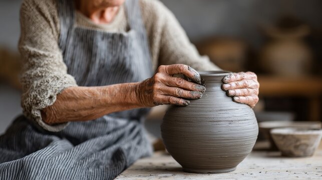 An elderly woman is making a pottery vase
