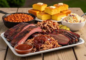 BBQ Feast Platter with Ribs, Pulled Pork, and Cornbread.
