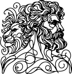 Obraz premium Lion and man silhouette with flowing lines in black design 