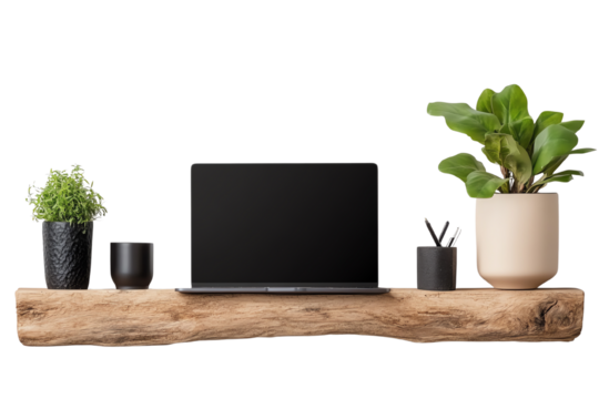 Modern workspace setup with laptop, plants, and desk accessories on a rustic wood shelf.