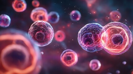 **A Hyper-Realistic 3D Medical Illustration Showing Stem Cells Gradually Transforming Into Muscle Cells, Glowing Transition Stages Where Spherical Cells Elongate Into Muscle Fibers, Cinematic Lighting