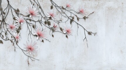 Colorful flowers on aged white cement wall background, rustic floral digital wallpaper design with textured stone pattern for modern interior decor and decorative wall tiles
