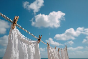 Linen garments drying under a clear sky by the beach during a bright sunny day