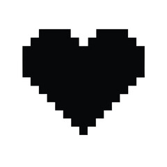 Retro Pixel Art Style Black Heart Illustration on White Background