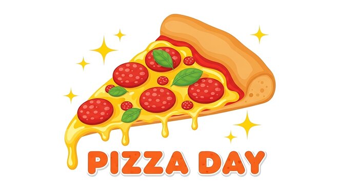 Cartoon pepperoni pizza slice with fresh basil and melting cheese celebrates pizza day