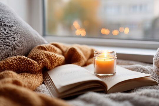 Cozy reading nook features soft textiles, an open book, and a warm candle by the window