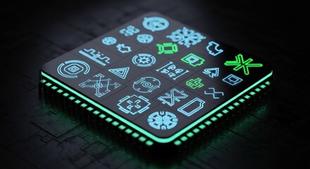 Futuristic motherboard surface with glowing neon symbols and geometric patterns display