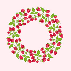 Round wreath of raspberry berries. Juicy berries, hand drawn.