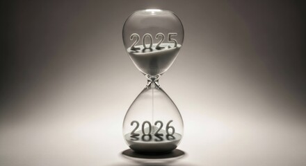 Hourglass with "2025" draining into "2026" in sepia, shallow depth of field