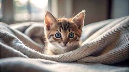 Adorable tabby kitten peeking out from cozy blanket with big blue eyes