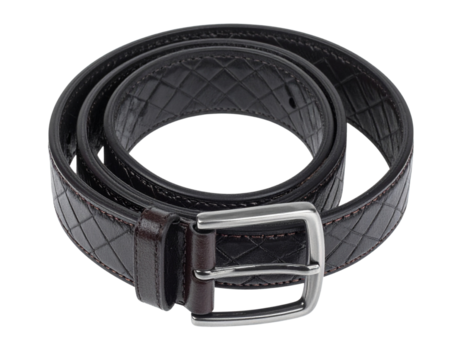 Dark Brown Leather Belt with Diamond Pattern and Silver Buckle, Coiled Top View, Isolated on Transparent Background.