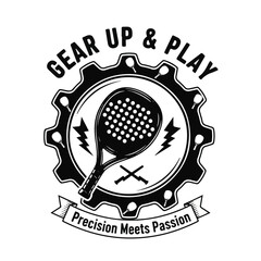 Black and white logo featuring a padel racket inside a gear, with text and design elements.