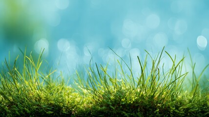 Abstract natural green grass field with blue sky and soft glowing bokeh light effect, bright summer spring season nature landscape background for modern digital wallpaper design
