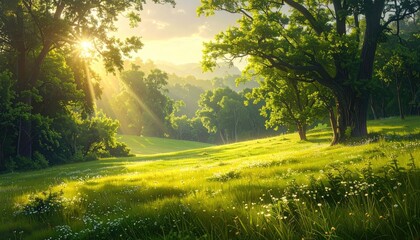 Lush Green Meadow with Golden Sunlight Filtering Through Trees in a Peaceful Landscape