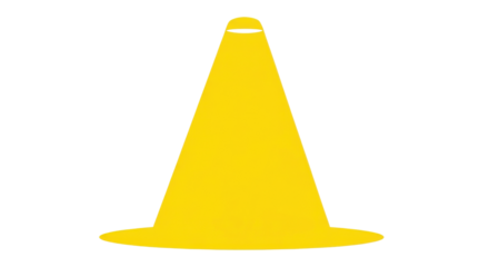 Yellow traffic cone with white top on white background.