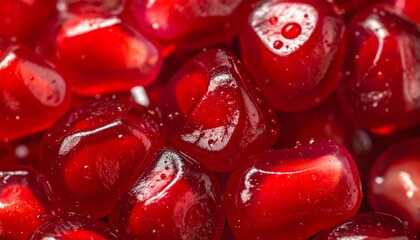 A macro shot of pomegranate seeds shining like ruby jewels. Glossy juicy surfaces sparkle under cinematic light, creating a bold indulgent foodgasm detail.