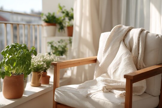 Cozy balcony with chair and linen throw surrounded by potted plants in morning light