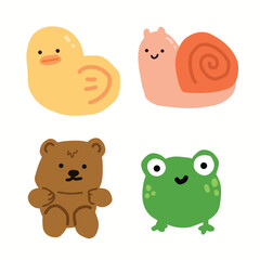 Various set of cute animal doodle. Duck, Snail, Bear and Frog character mascot for kids. 