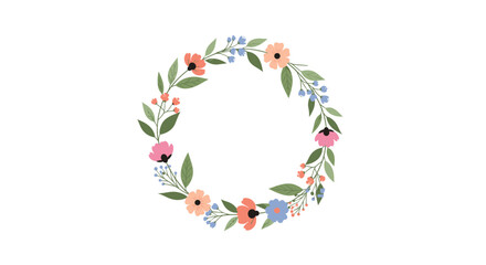 A delicate floral wreath adorned with small blossoms and green leaves on a white background.