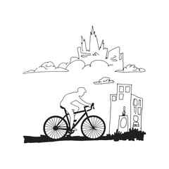 Fototapeta premium Line Art Depicting a Cyclist Riding in a City with Buildings and Clouds Forming a Whimsical Urban Landscape