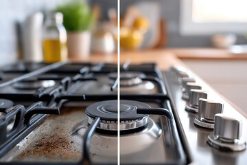 Kitchen comparison showcasing clean and dirty cooking surfaces in a modern home setting