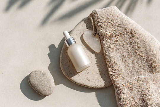 Minimalist skincare flat lay featuring natural products and textures for a calming aesthetic