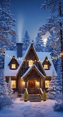 Snowy Christmas Cabin in the Woods.