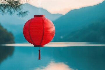 Obraz premium Chinese paper lantern hanging on tree branch against lake background