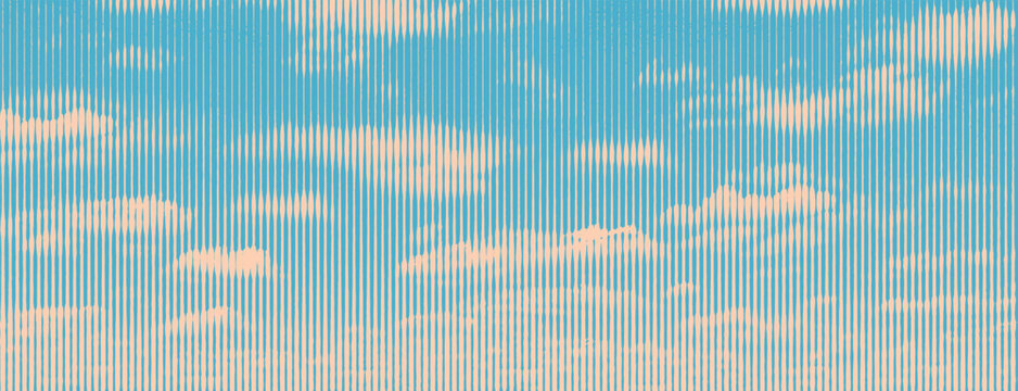 Vector vertical stripes, blue sky and cloud pattern. Abstract linear woodcut, lino cut style retro illustration.