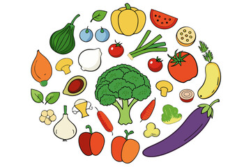 A healthy set of fresh cartoon fruit and vegetable icons including an apple, banana, pear, lemon, orange, cherry, and plum