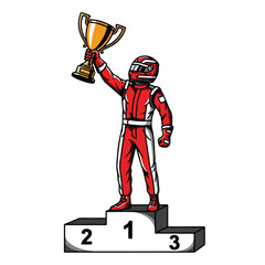 A cartoon race car driver in a red suit stands on the first place winner's podium holding a gold trophy.