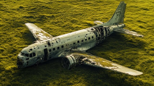 Old abandoned airplane wreck lying on green grass field with rust and damage showing historic crash accident scene