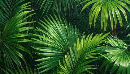 Fototapeta premium Lush Green Palm Leaves Texture with Pixelated Effect Close Up View Bright Sunlight Tropical Foliage Background Nature Pattern Wallpaper Design