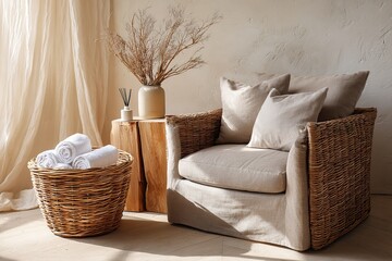 Cozy living room with wicker chair and decorative elements
