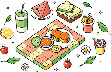 A seamless vector pattern with cartoon food and drinks like sweet dessert cakes, breakfast sandwiches, and assorted fruit
